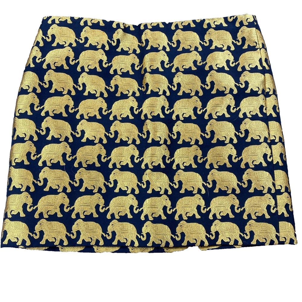 J. Crew Women's‎ SZ 2 Mini Brocade Skirt Black with Gold Elephants Jaquard Lined